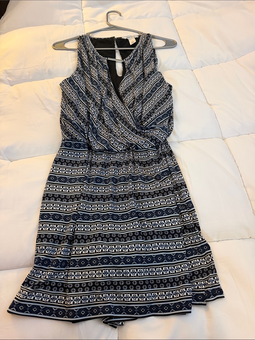 White House Black Market Navy and White Printed Faux-Wrap Romper